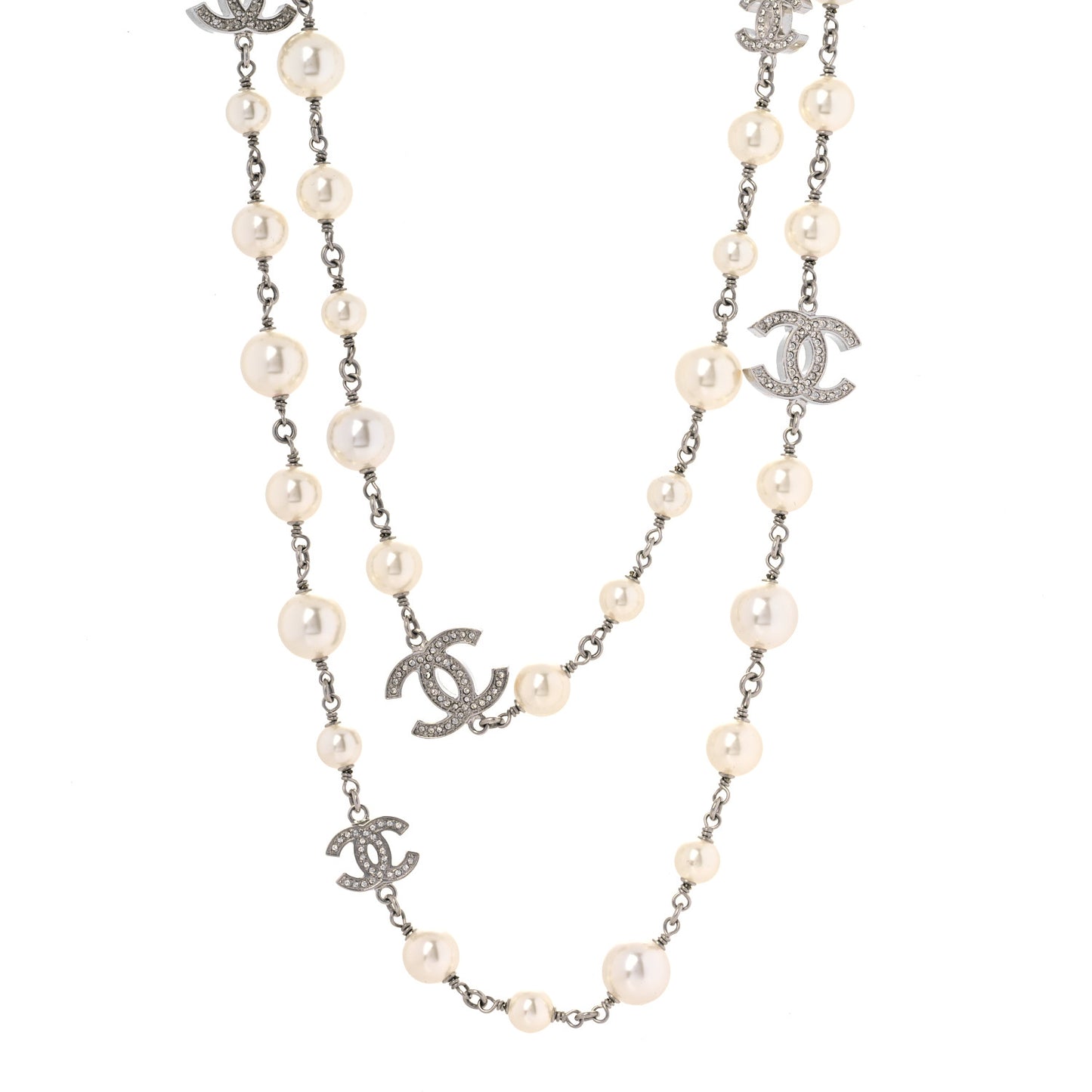 Graduated Pearl Crystal CC Long Necklace Silver