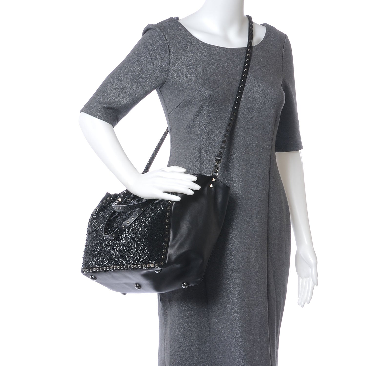 Valentino Garavani Vitello Crystal Medium Rockstud Tote Black 2 of 7