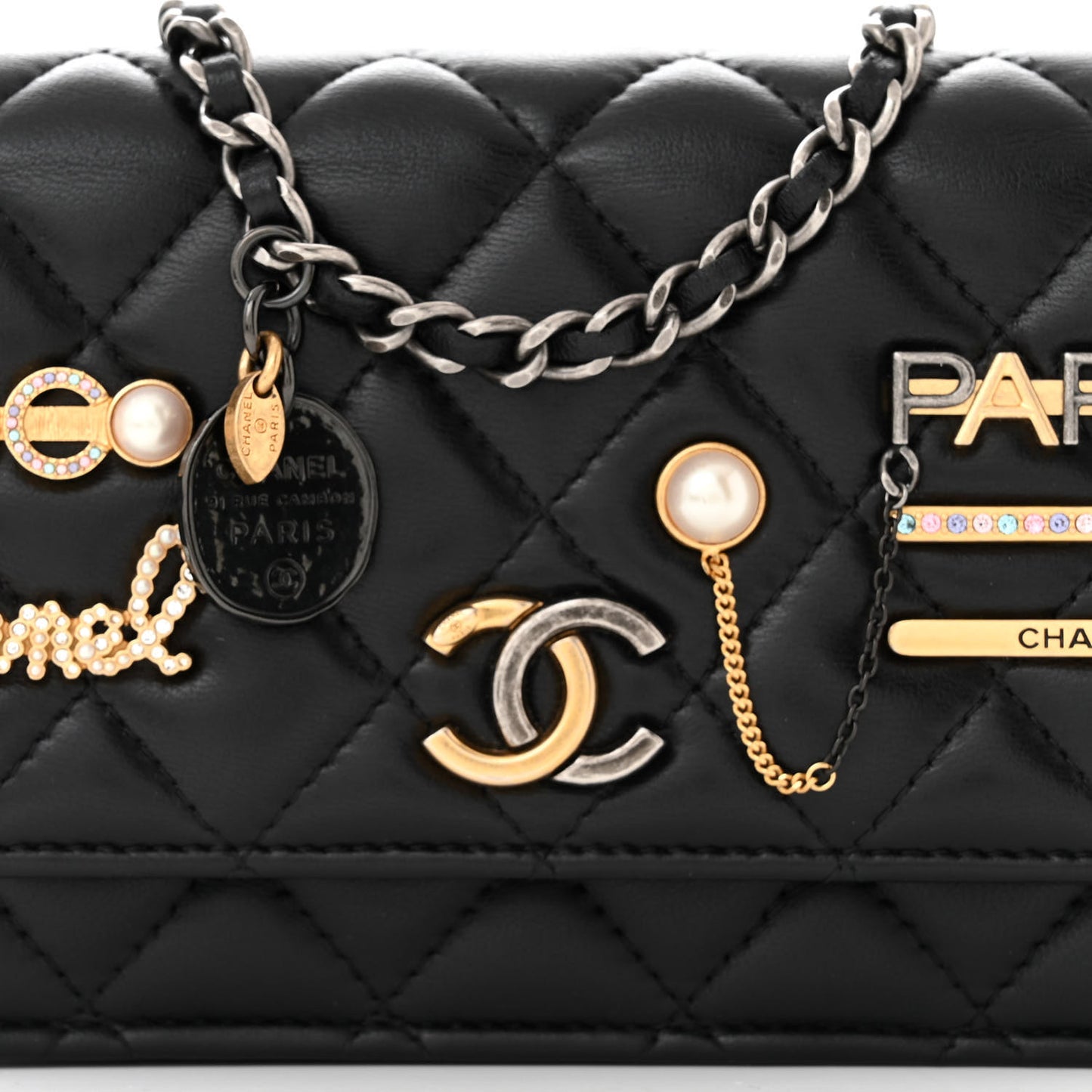 Lambskin Quilted Coco Clips Mini Wallet On Chain WOC Black
