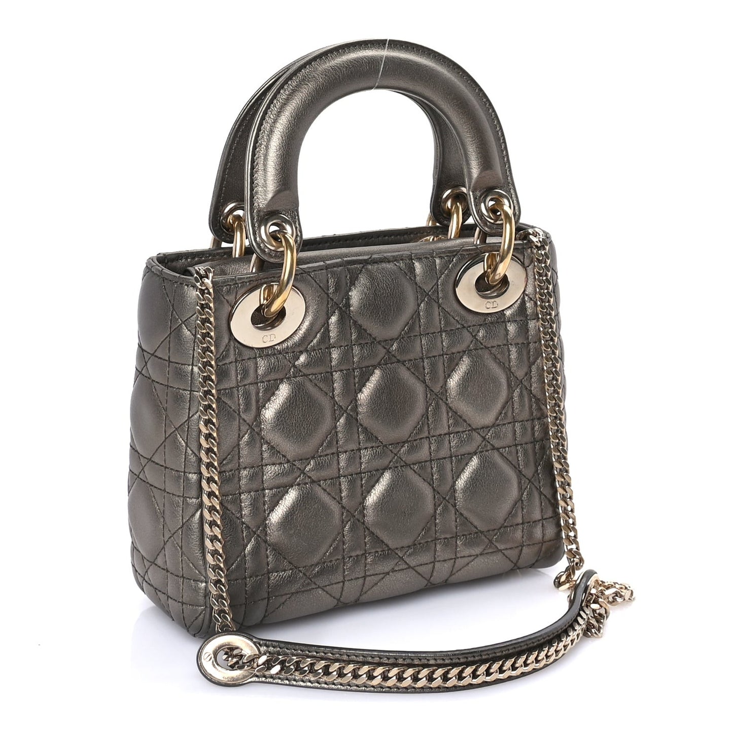 Metallic Lambskin Cannage Mini Lady Dior Dark Grey