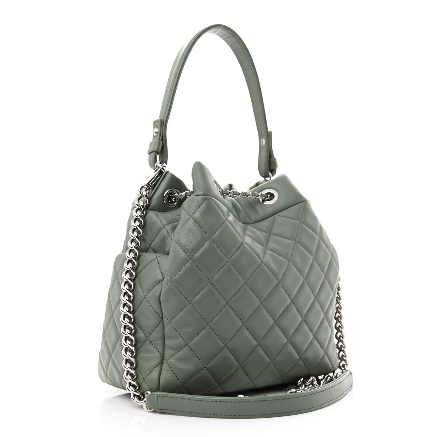 Lambskin Quilted Small CC Chain Bucket Drawstring Bag Green