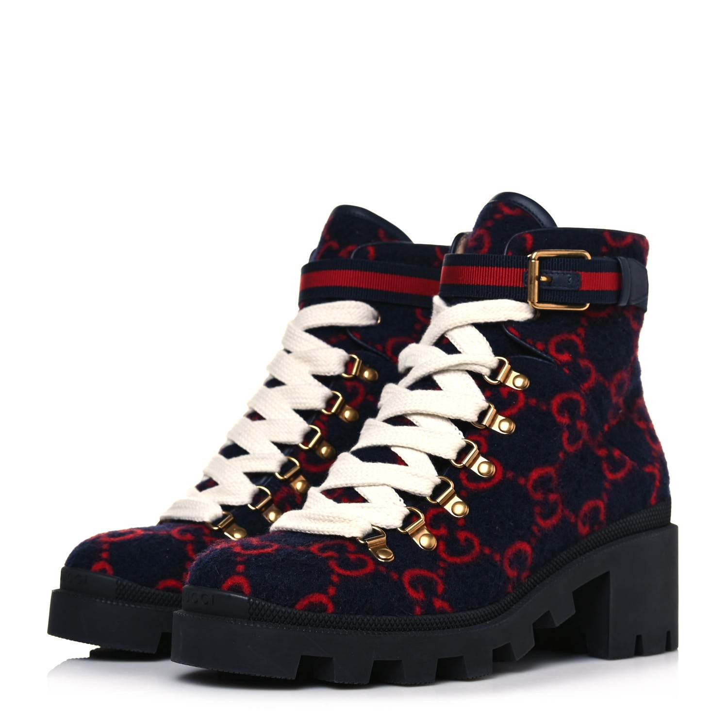 Gucci Covered Wool Big GG Monogram Womens Lace Up Combat Ankle Boots 38.5 Blue Red 3 of 9