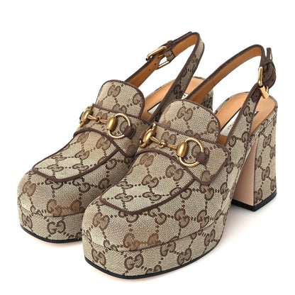 Gucci Monogram Kid Scamosciato Horsebit Platform 25/85mm Slingback Mules 36 Beige Ebony New Acero 2 of 7