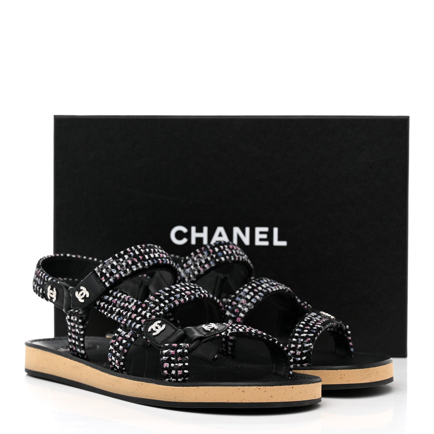 Chanel Tweed Lambskin Crystal CC Sandals 41 Black Multicolor 9 of 9