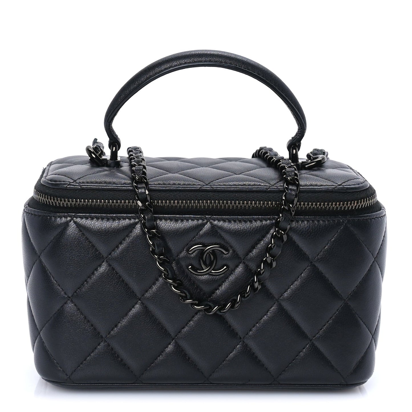 Lambskin Quilted Small Top Handle Vanity Case With Chain So Black