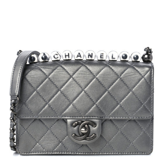 Metallic Goatskin Quilted Small Chic Pearls Flap Silver
