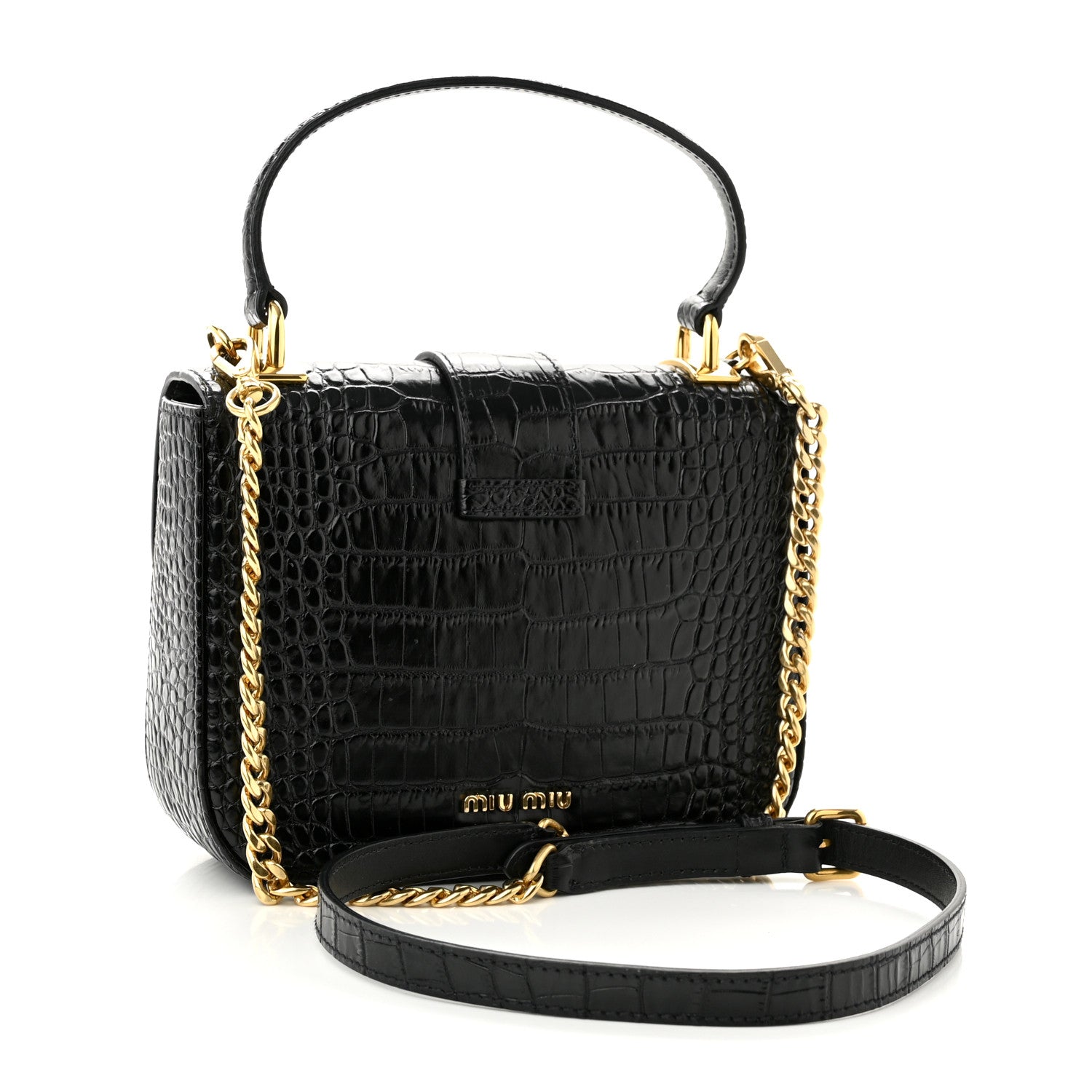 Miu Miu Crocodile Print Calfskin Top Handle Bag Black 3 of 9