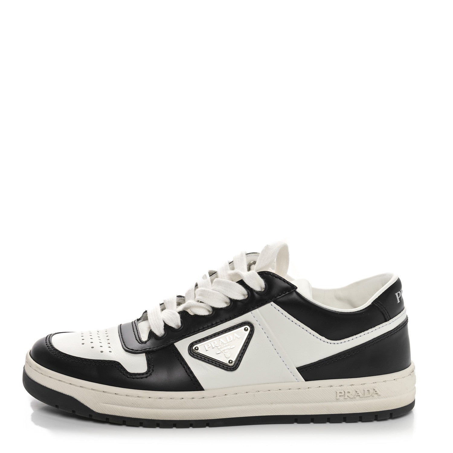 Prada Vitello Sport Spazzolato Rois Triangle Logo Womens Downtown Low Top 30mm Sneakers 37.5 White Black 1 of 9