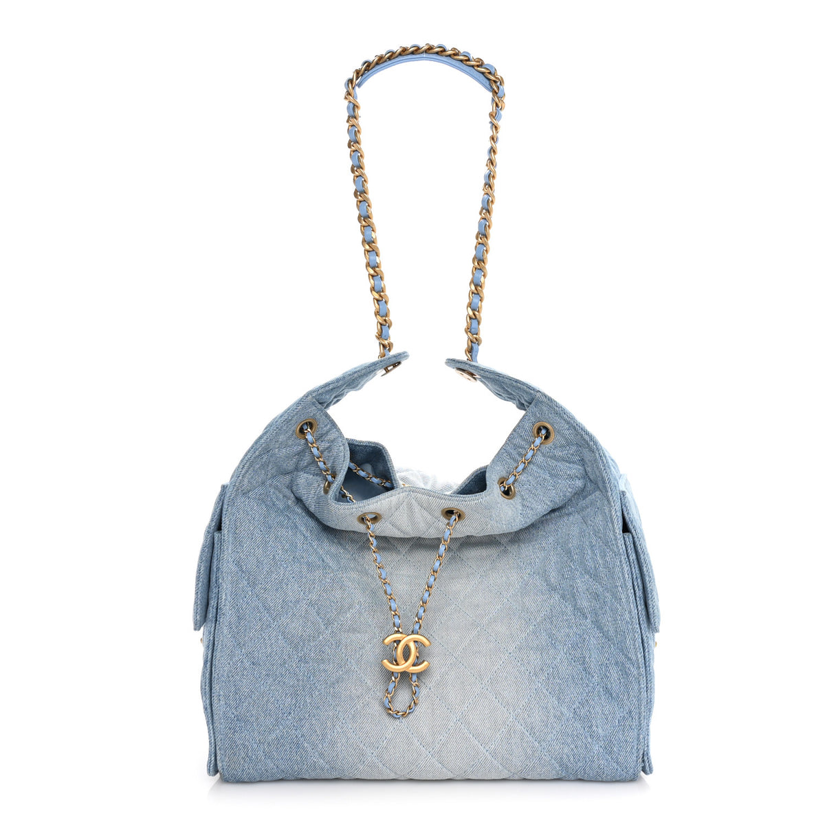 Washed Denim Quilted Medium Chanel 25 Handbag Blue