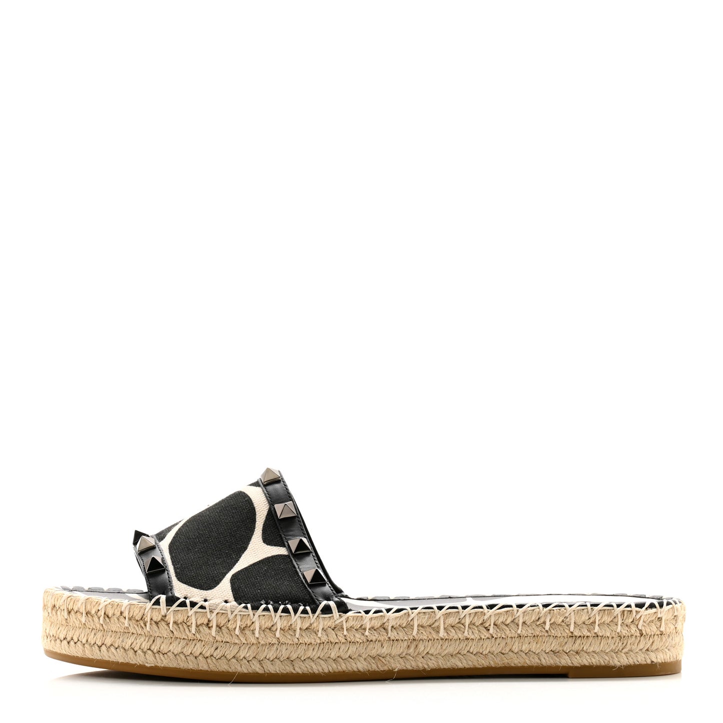 Canvas Giraffe Rockstud Espadrille Flat Slide Sandals 39 Black White