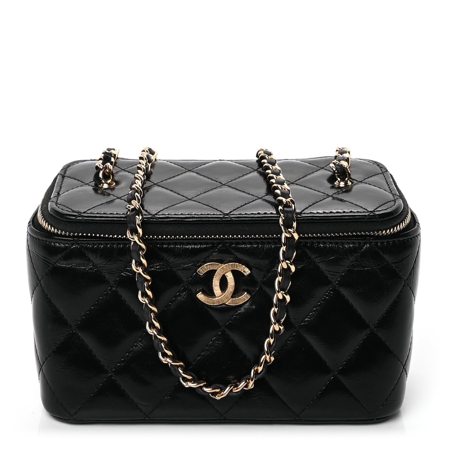 Shiny Lambskin Quilted Small Vanity Case With Chain Black