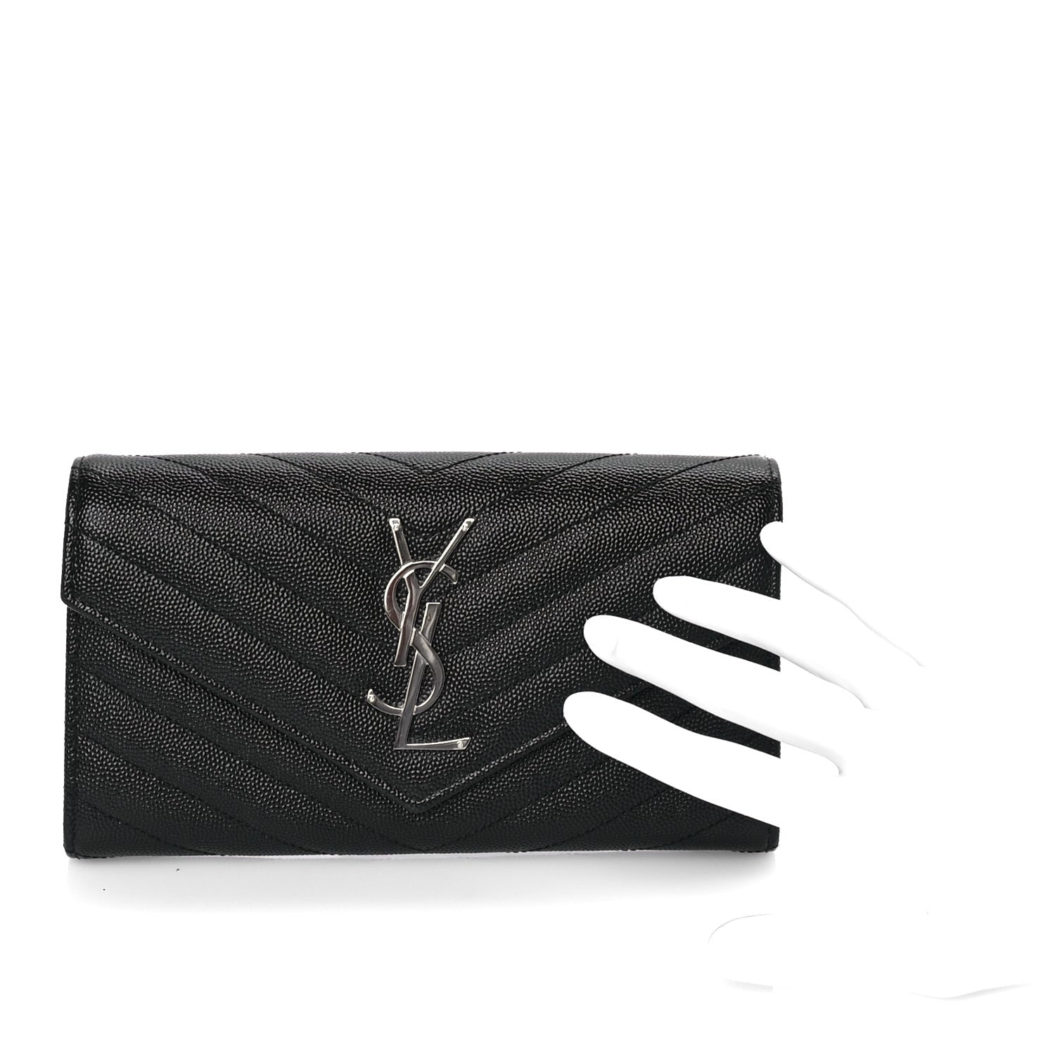 Saint Laurent Grain De Poudre Matelasse Chevron Monogram Flap Wallet Black 3 of 7