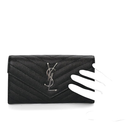 Saint Laurent Grain De Poudre Matelasse Chevron Monogram Flap Wallet Black 3 of 7