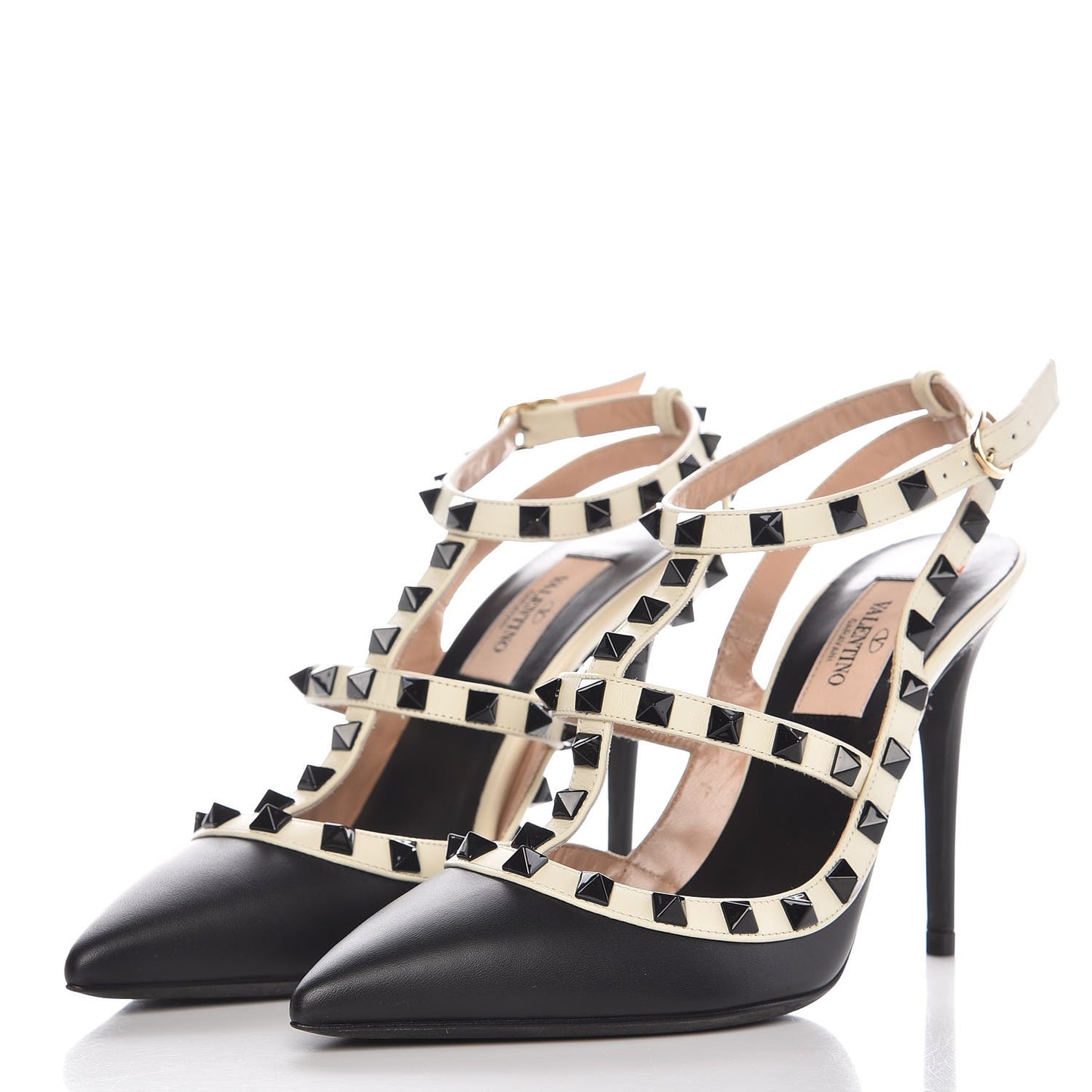 Nappa Rockstud Ankle Strap 100mm Pumps 36.5 Black Light Ivory