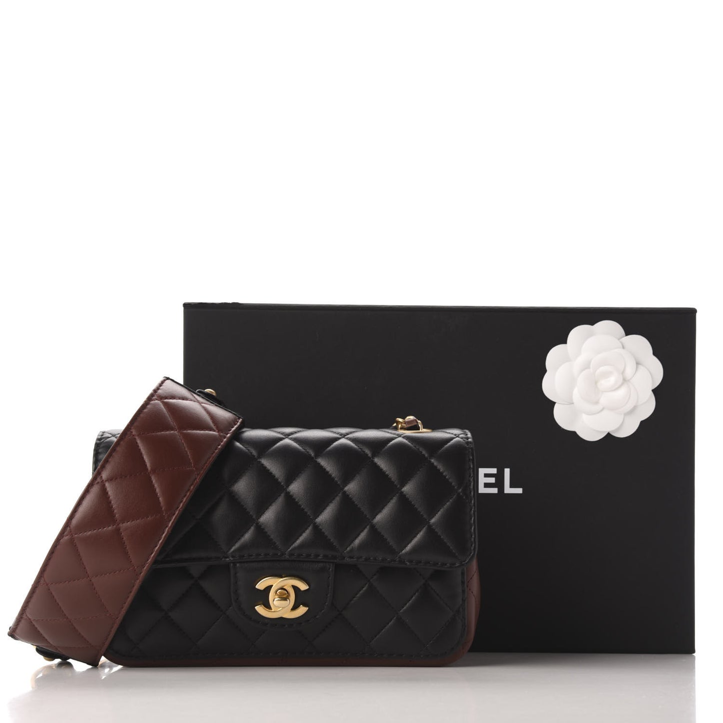 Calfskin Quilted Small Strap Into Flap Bag Black Brown