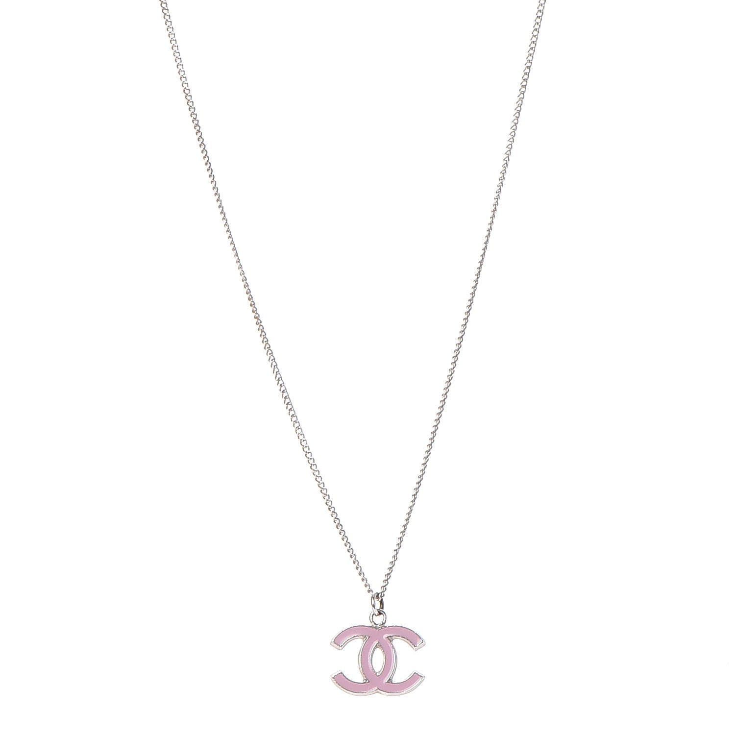 Chanel Enamel CC Necklace Silver Pink 1 of 6