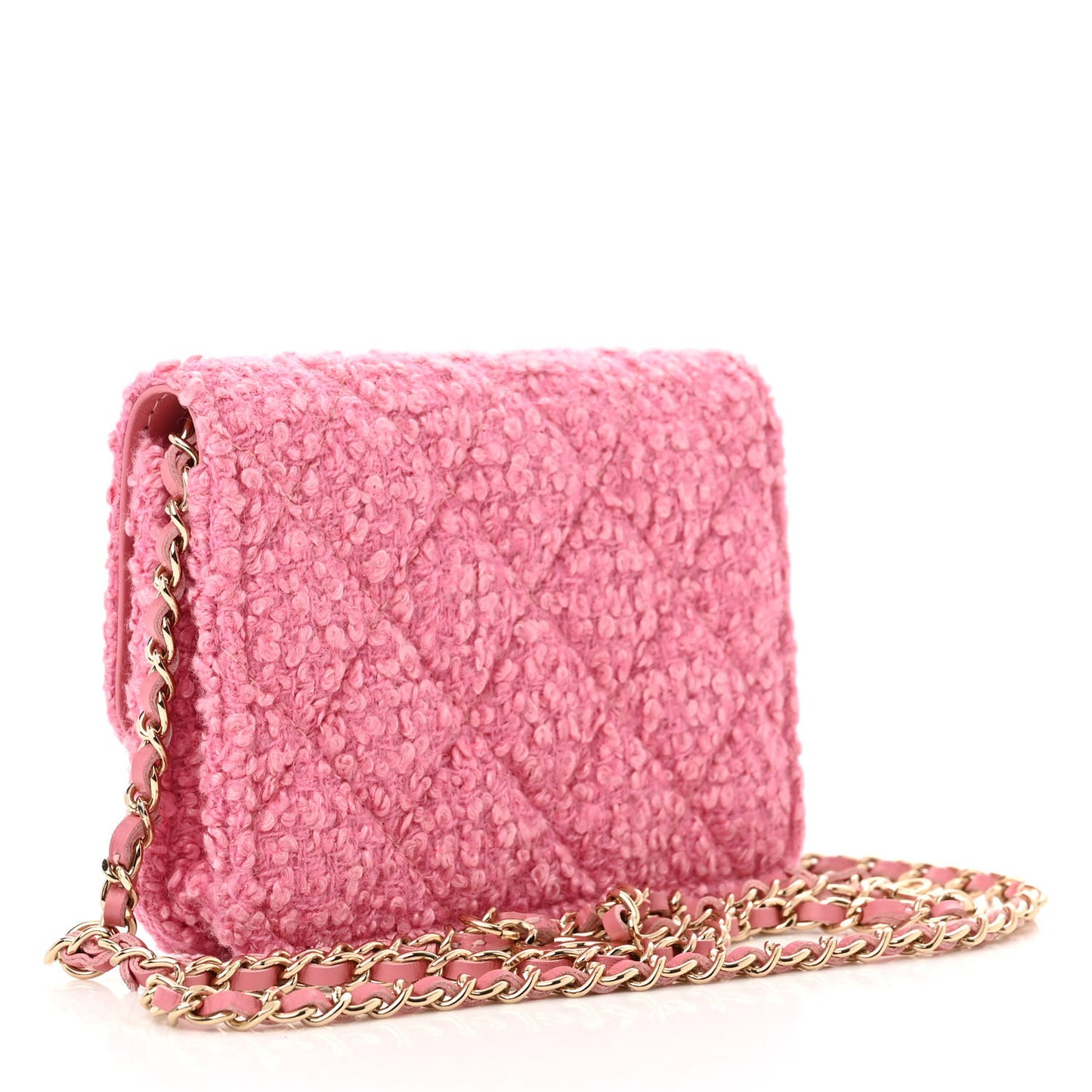 Tweed Quilted Flap Chain Waist Bag Pink