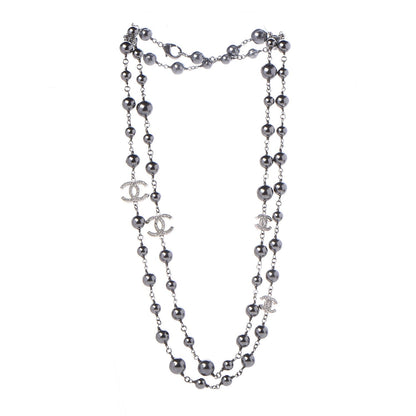 Chanel Pearl Crystal CC Long Necklace Silver Grey 3 of 6