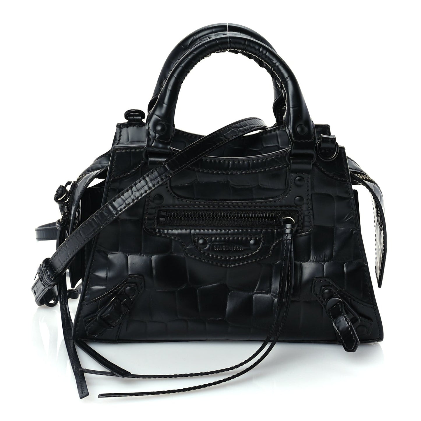 Semi Shiny Calfskin Crocodile Embossed Neo Classic Black Hardware Mini City Black