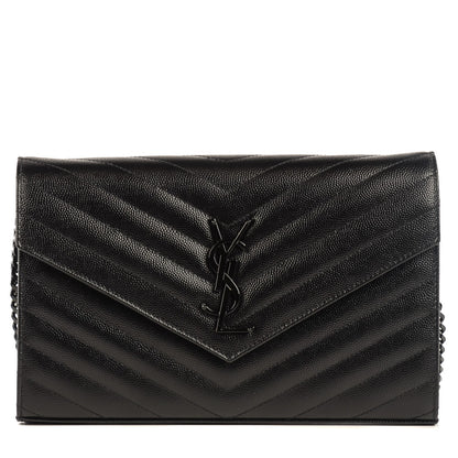 Saint Laurent Grain De Poudre Matelasse Chevron Medium Monogram Chain Wallet Black 1 of 8