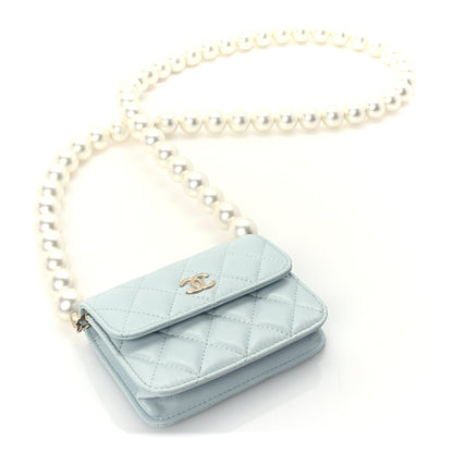 Chanel Lambskin Mini Maxi Pearls Wallet On Chain WOC Light Blue 3 of 9