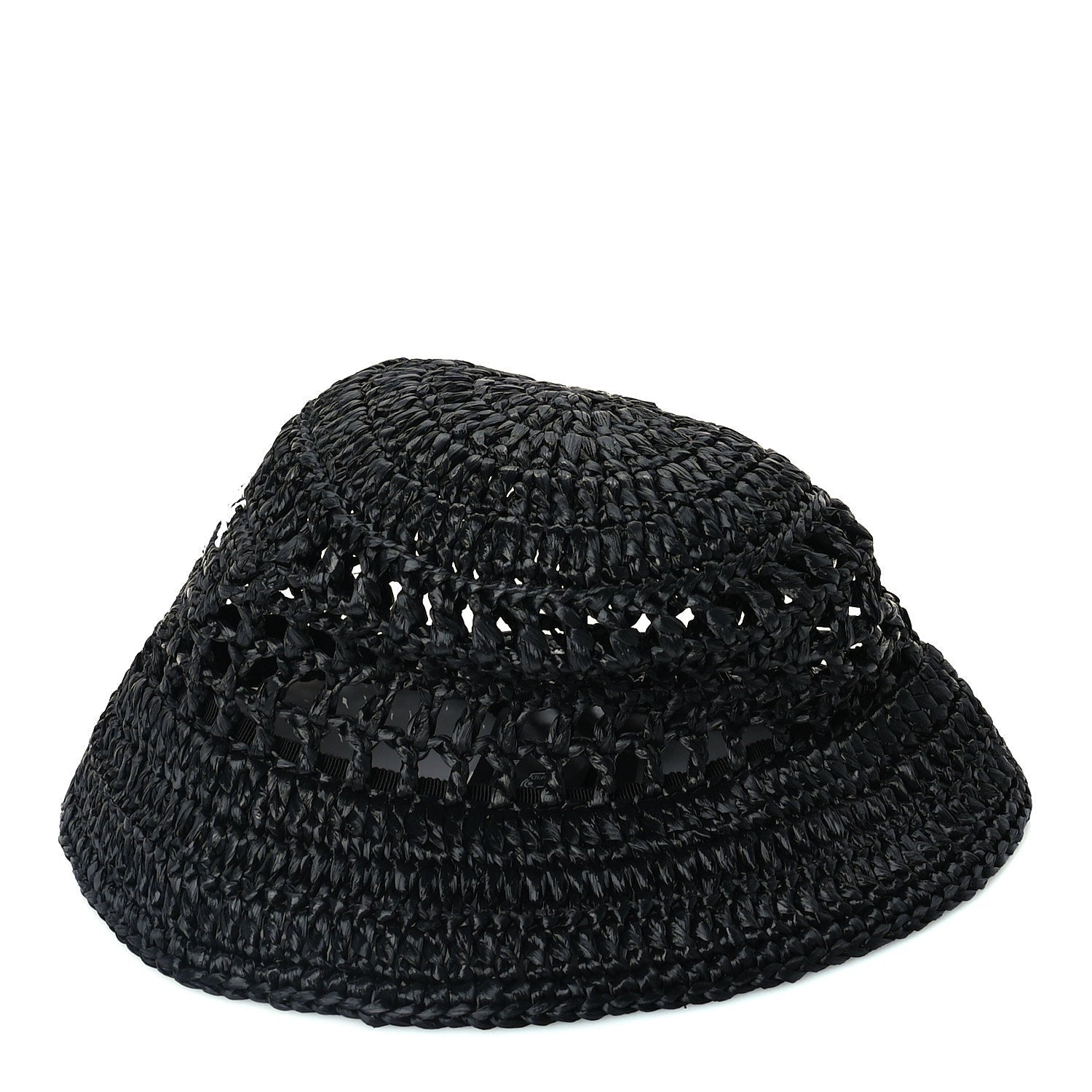 Prada Yarn Raffia Effect Crochet Logo Embroidered Womens Bucket Hat M Black 5 of 6