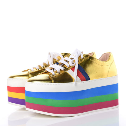 Gucci Metallic Nappa Sylvie Web Peggy Platform Sneakers 36 Oro Vecchio 3 of 8