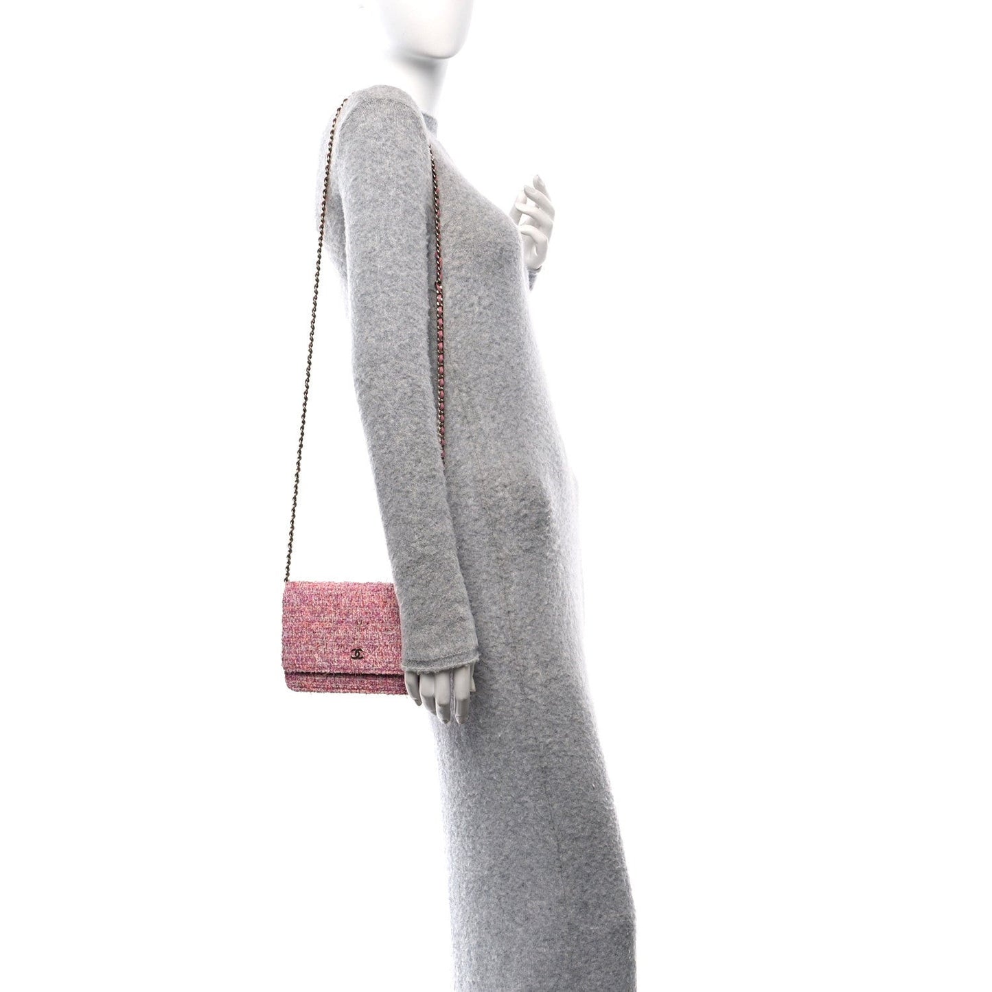 Tweed Quilted Wallet On Chain WOC Pink