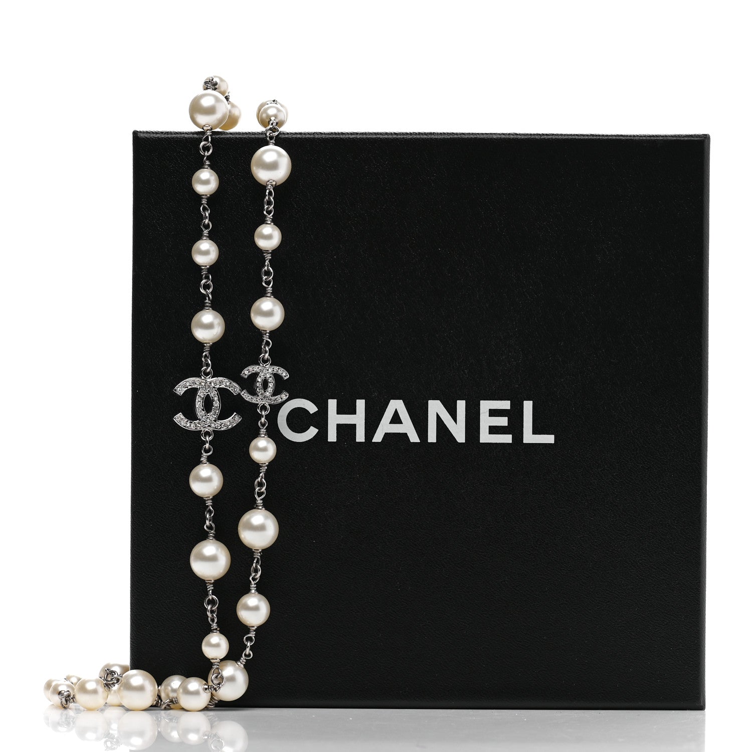 Chanel Graduated Pearl Crystal CC Long Necklace Silver 9 of 9