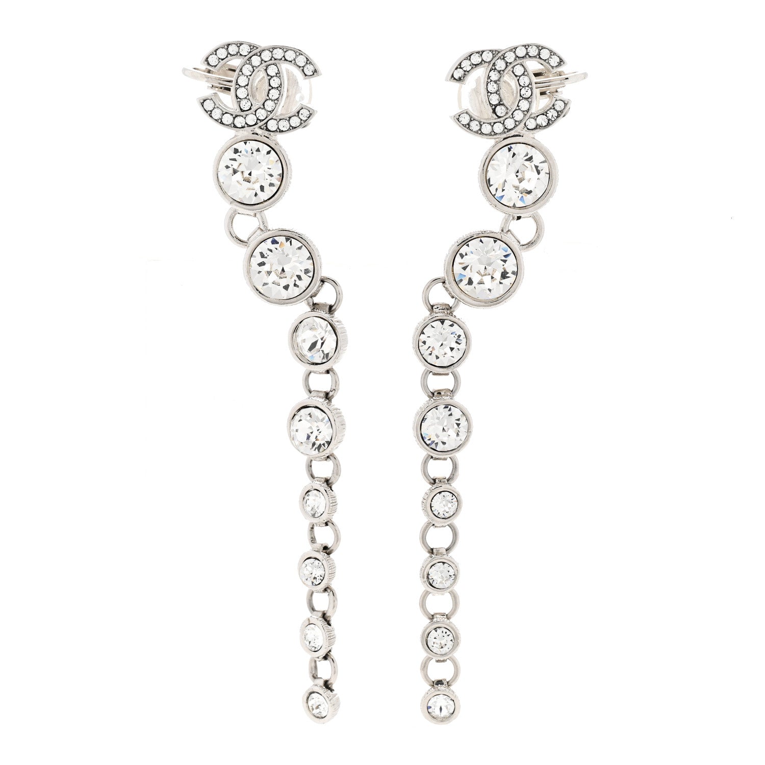 Chanel Crystal CC Long Drop Earrings Silver 1 of 4