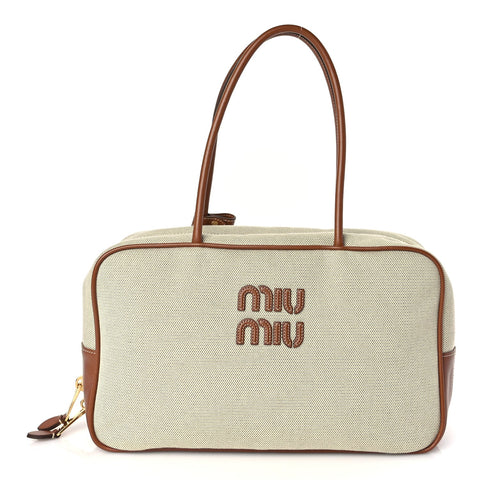 Canvas Calfskin Large Beau Top Handle Bag Naturale Brandy