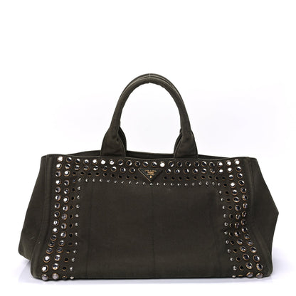 Prada Canvas Studded Crystal Large Canapa Tote  Militare 1 of 8