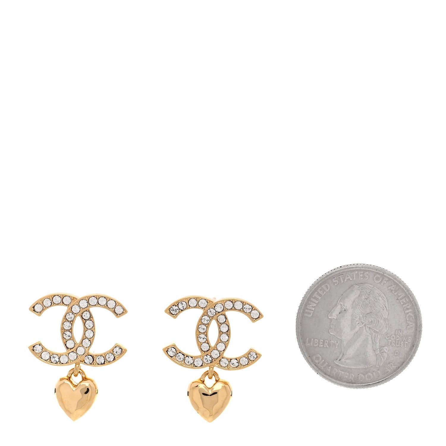 Chanel Metal Crystal CC Heart Drop Earrings Gold 2 of 5