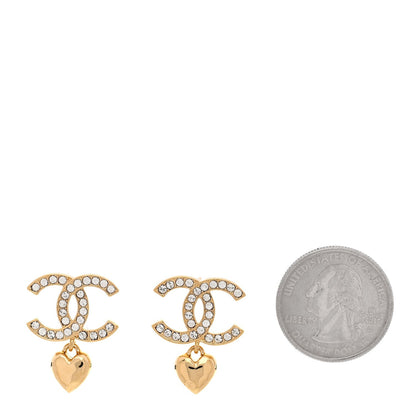 Chanel Metal Crystal CC Heart Drop Earrings Gold 2 of 5