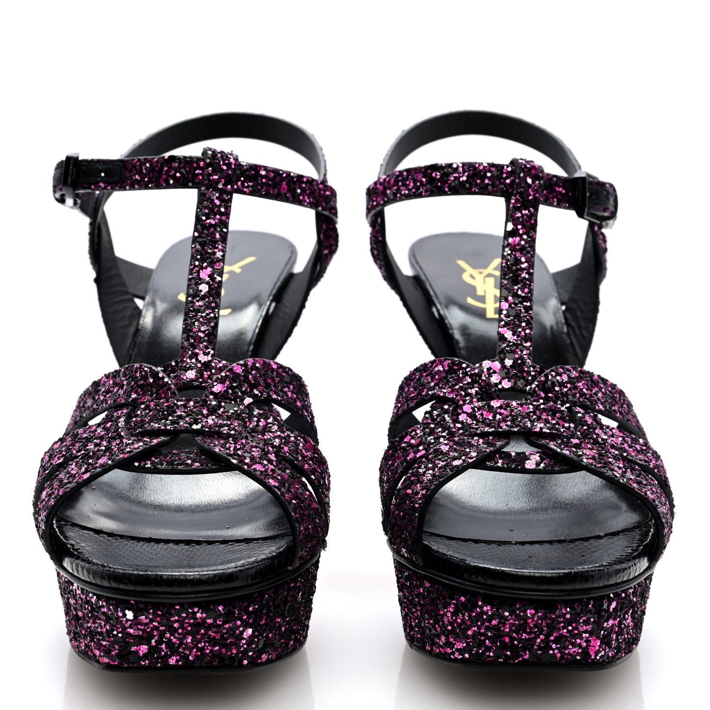 Glitter Calfskin Ayers Tribute 75 Platform Sandals 38 Black Fuchsia