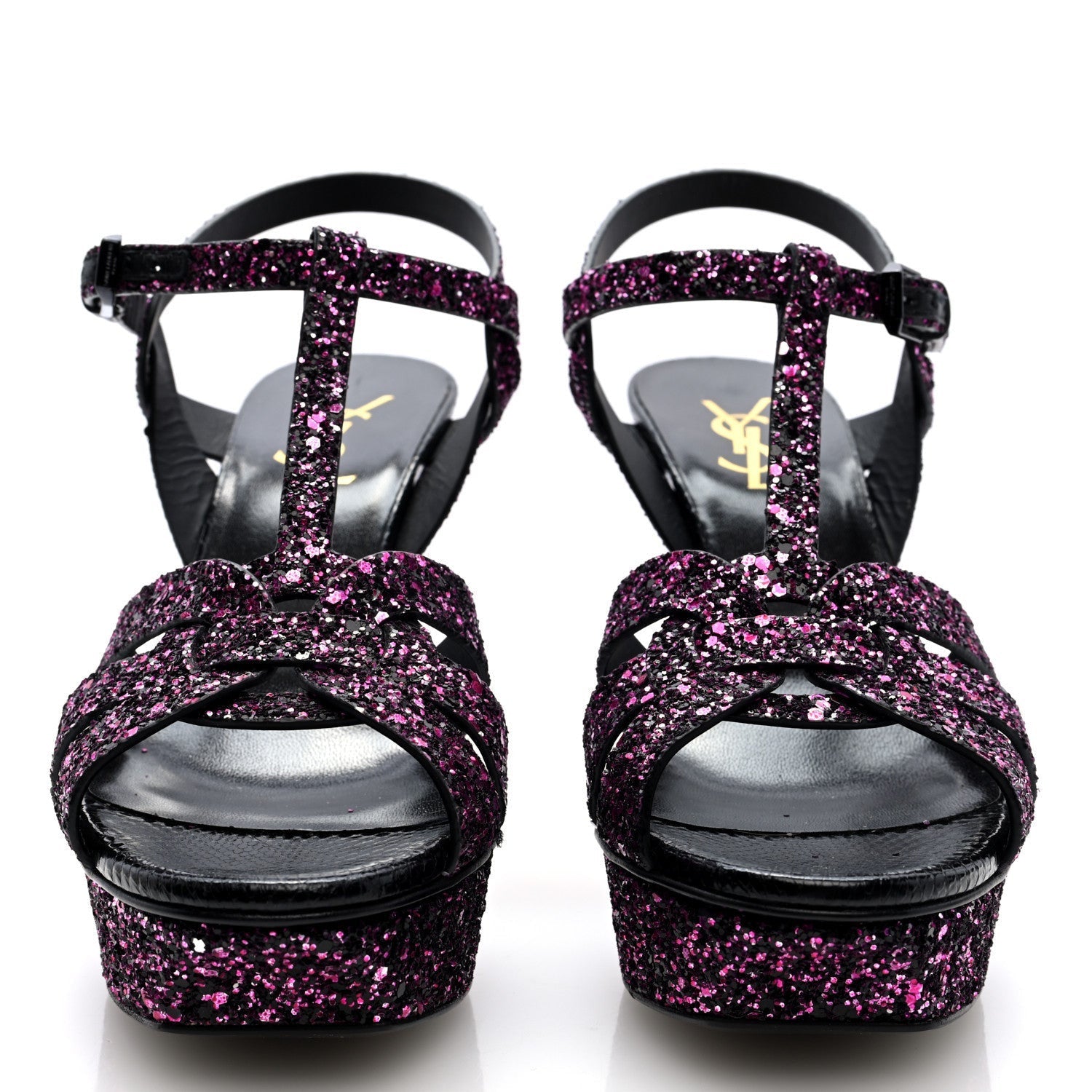 Saint Laurent Glitter Calfskin Ayers Tribute 75 Platform Sandals 38 Black Fuchsia 3 of 7