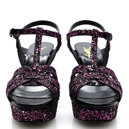 Saint Laurent Glitter Calfskin Ayers Tribute 75 Platform Sandals 38 Black Fuchsia 3 of 7