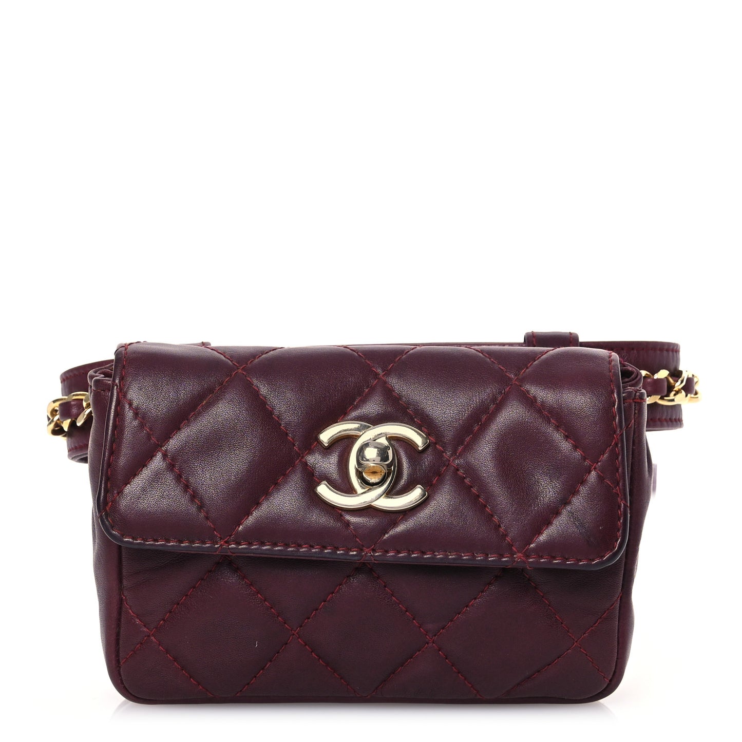 Lambskin Diamond Stitched Waist Chain Belt Flap Bag Burgundy