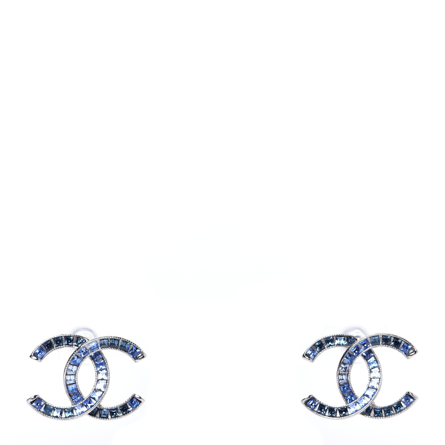 Chanel Baguette Crystal CC Earrings Silver Blue 1 of 4