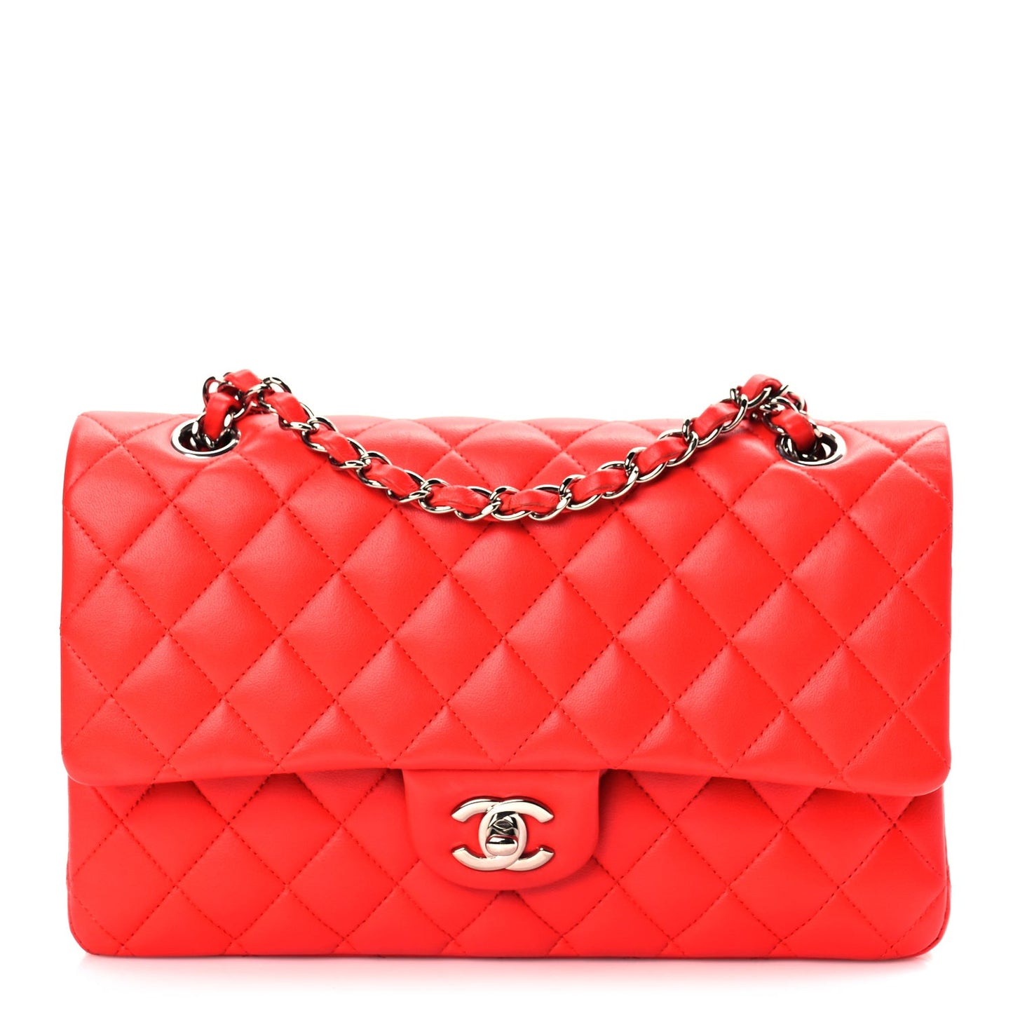 Lambskin Quilted Medium Double Flap Red