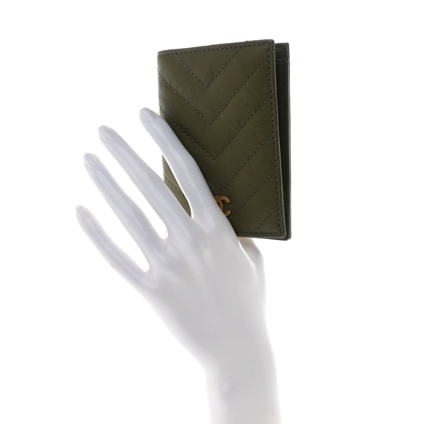 Calfskin Chevron Quilted Card Holder Wallet Khaki