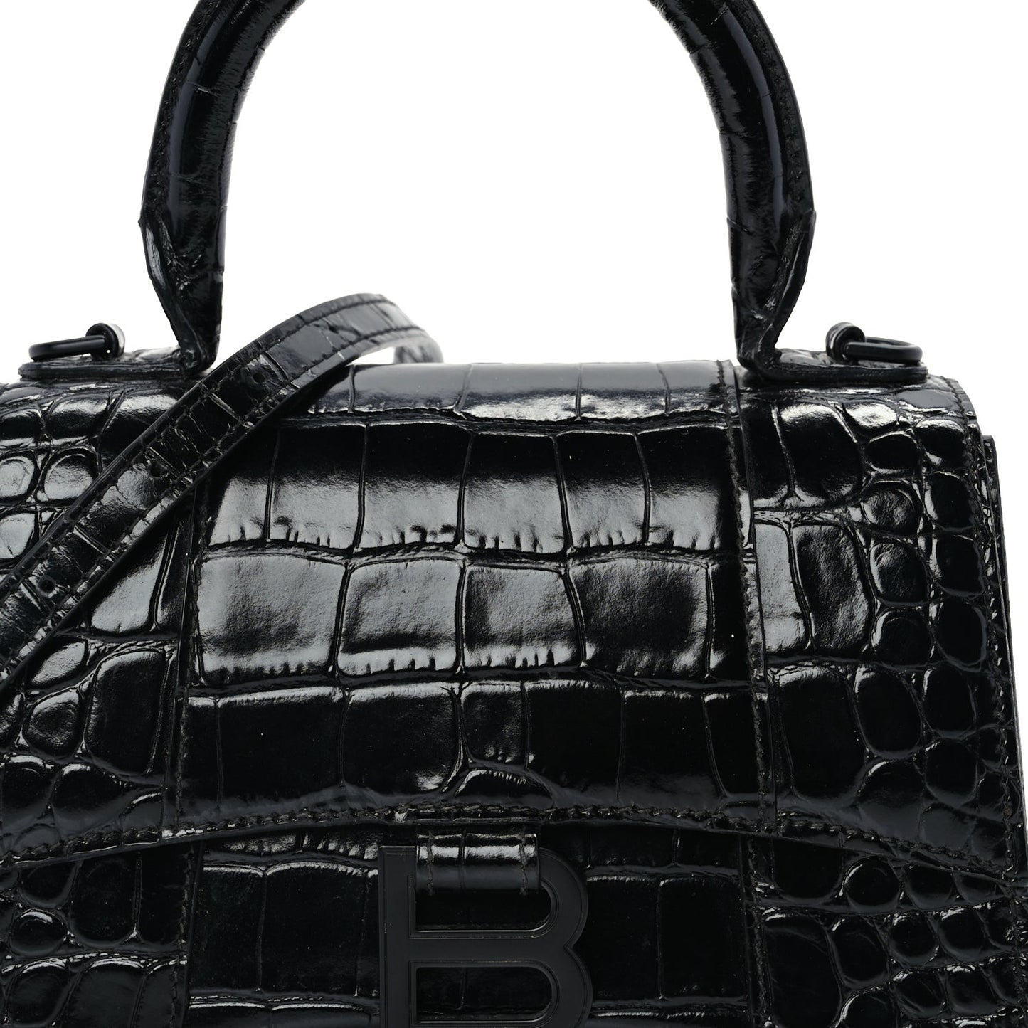 Shiny Calfskin Monochrome Crocodile Embossed Hourglass Top Handle Bag XS Black