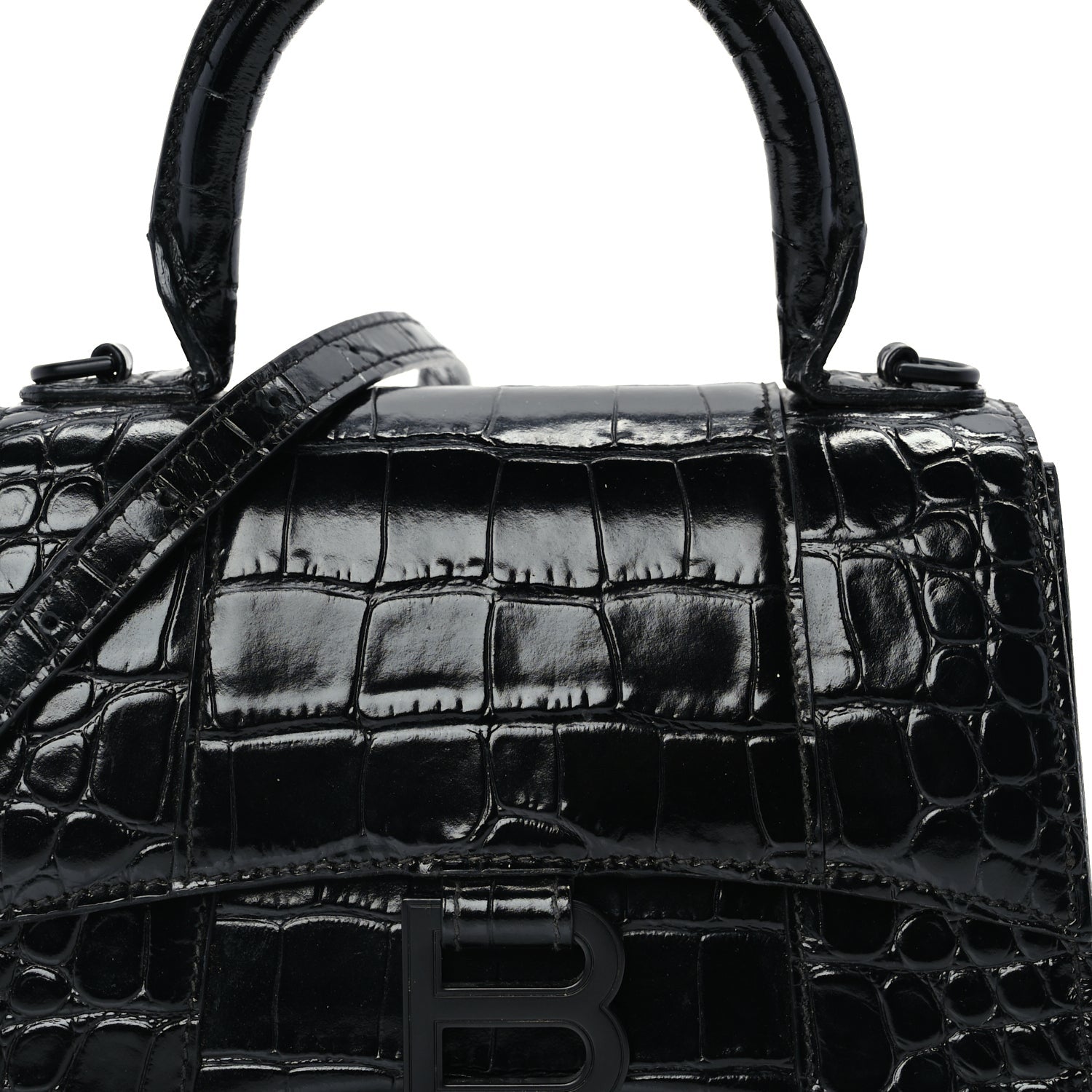 Balenciaga Shiny Calfskin Monochrome Crocodile Embossed Hourglass Top Handle Bag XS Black 6 of 8