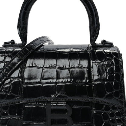 Balenciaga Shiny Calfskin Monochrome Crocodile Embossed Hourglass Top Handle Bag XS Black 6 of 8