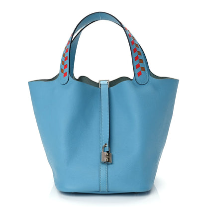 Hermes Epsom Tressage De Cuir Picotin Lock 22 MM Bleu du Nord Rouge Coeur Bleu du Nord 1 of 11