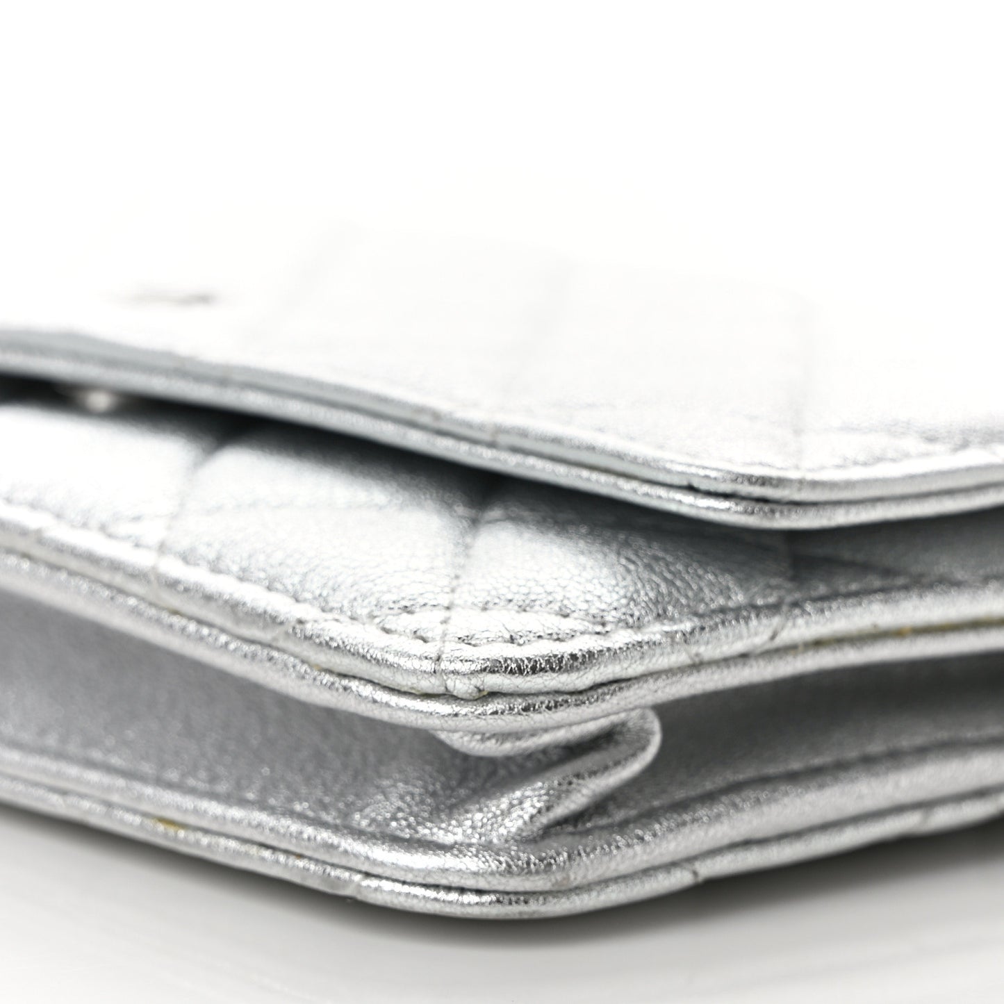 Metallic Lambskin Quilted Wallet On Chain WOC Silver