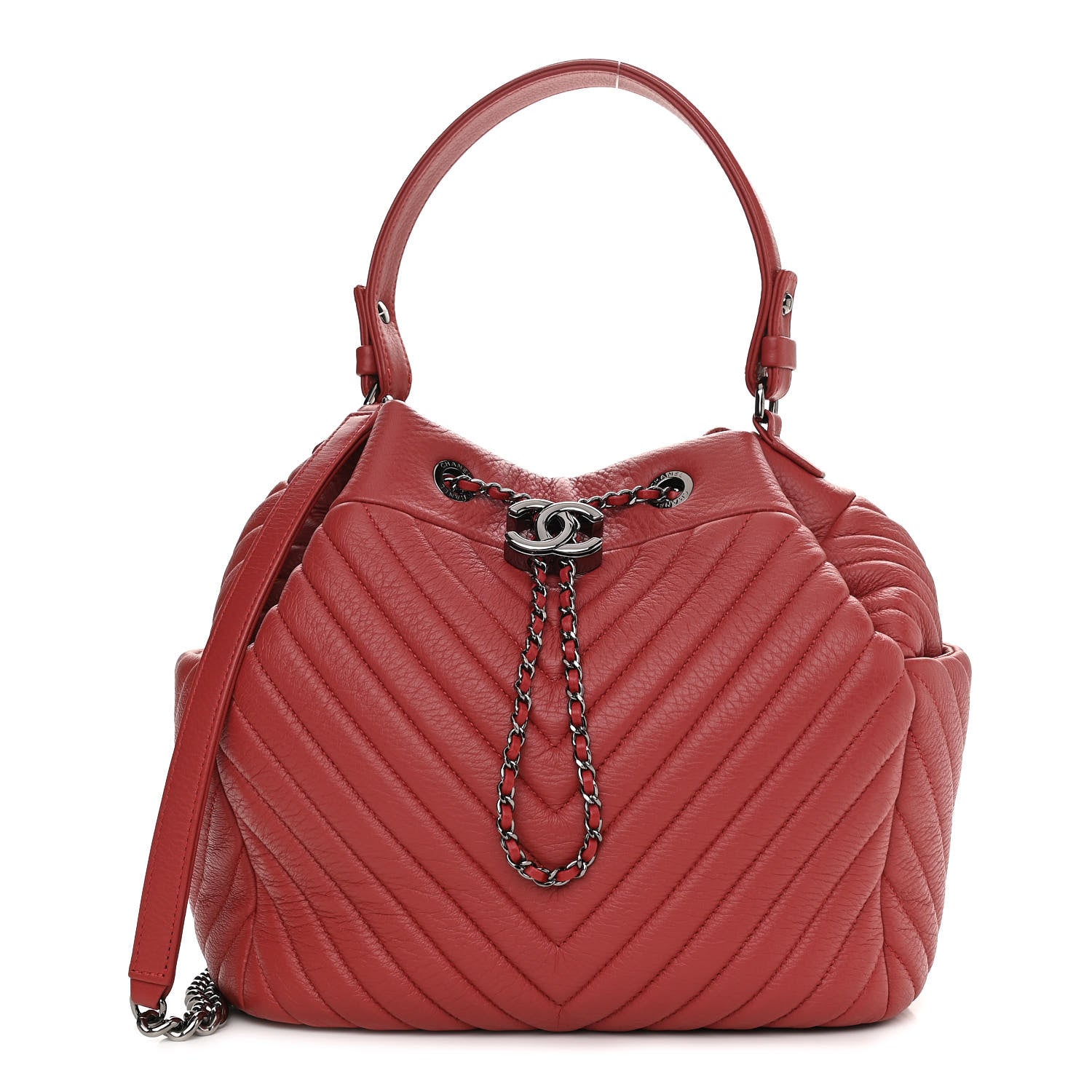 Chanel Deerskin Chevron Quilted Medium CC Chain Bucket Drawstring Bag Red 1 of 10