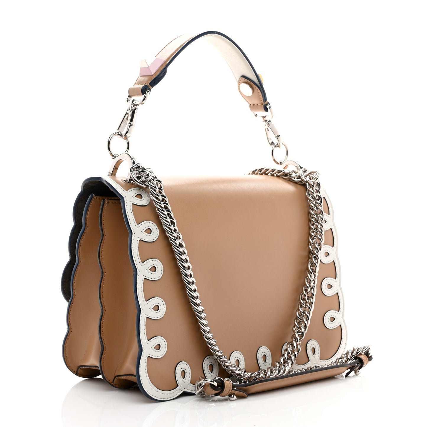 Vitello Liberty Dolce Scalloped Studded Scrollwork Kan I Shoulder Bag Cuoio White