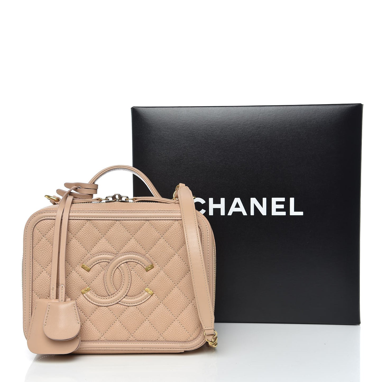 Caviar Quilted Medium CC Filigree Vanity Case Beige