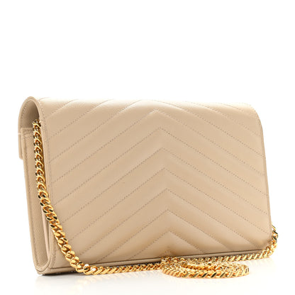 Saint Laurent Grain De Poudre Matelasse Chevron Cassandre Chain Wallet Deep Beige 2 of 9